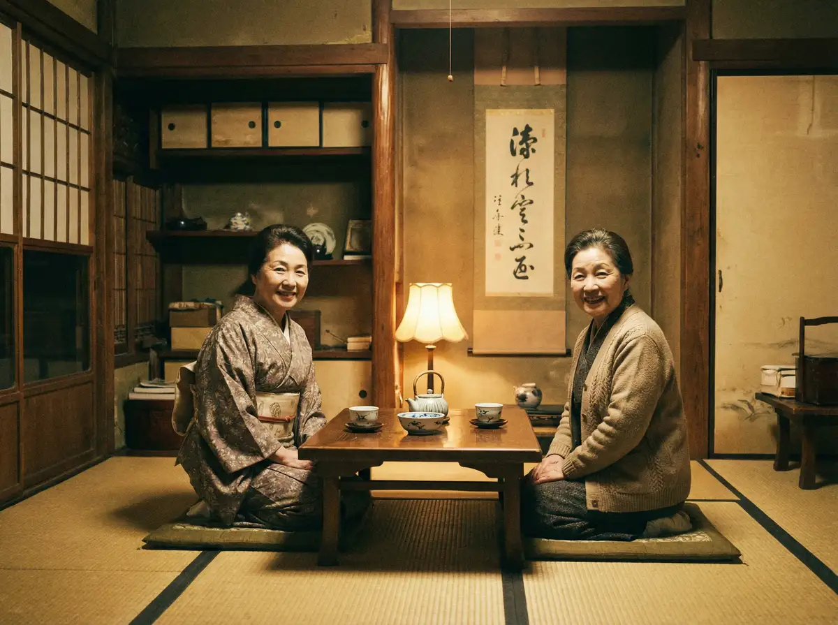 两位优雅的 春暖花开 亚洲 在日式茶室中品茶交谈